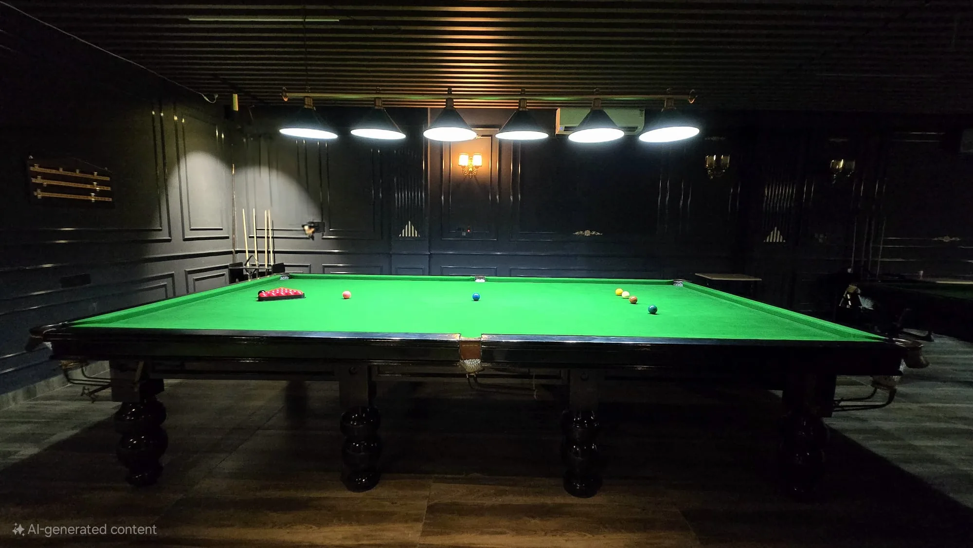 Full-size snooker table under a row of pendant lights